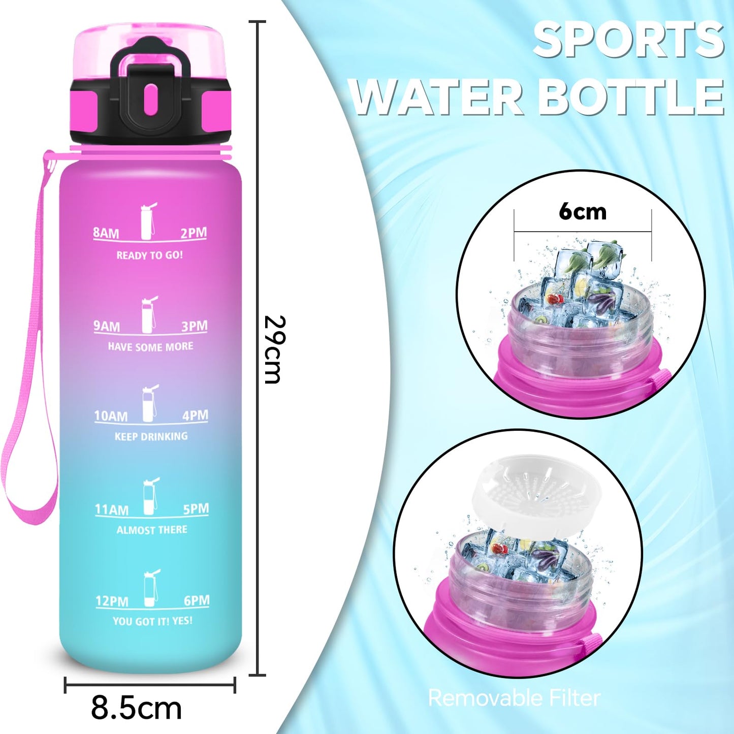 Borraccia, Borraccia 500ml, Borraccie Senza Perdite, Borraccie Motivazionale, Facile da Trasportare, Bottiglia Orari, Bottiglia Graduata, Facile da Pulire, per Sport, Fitness, Yoga, Scuola, Bambina