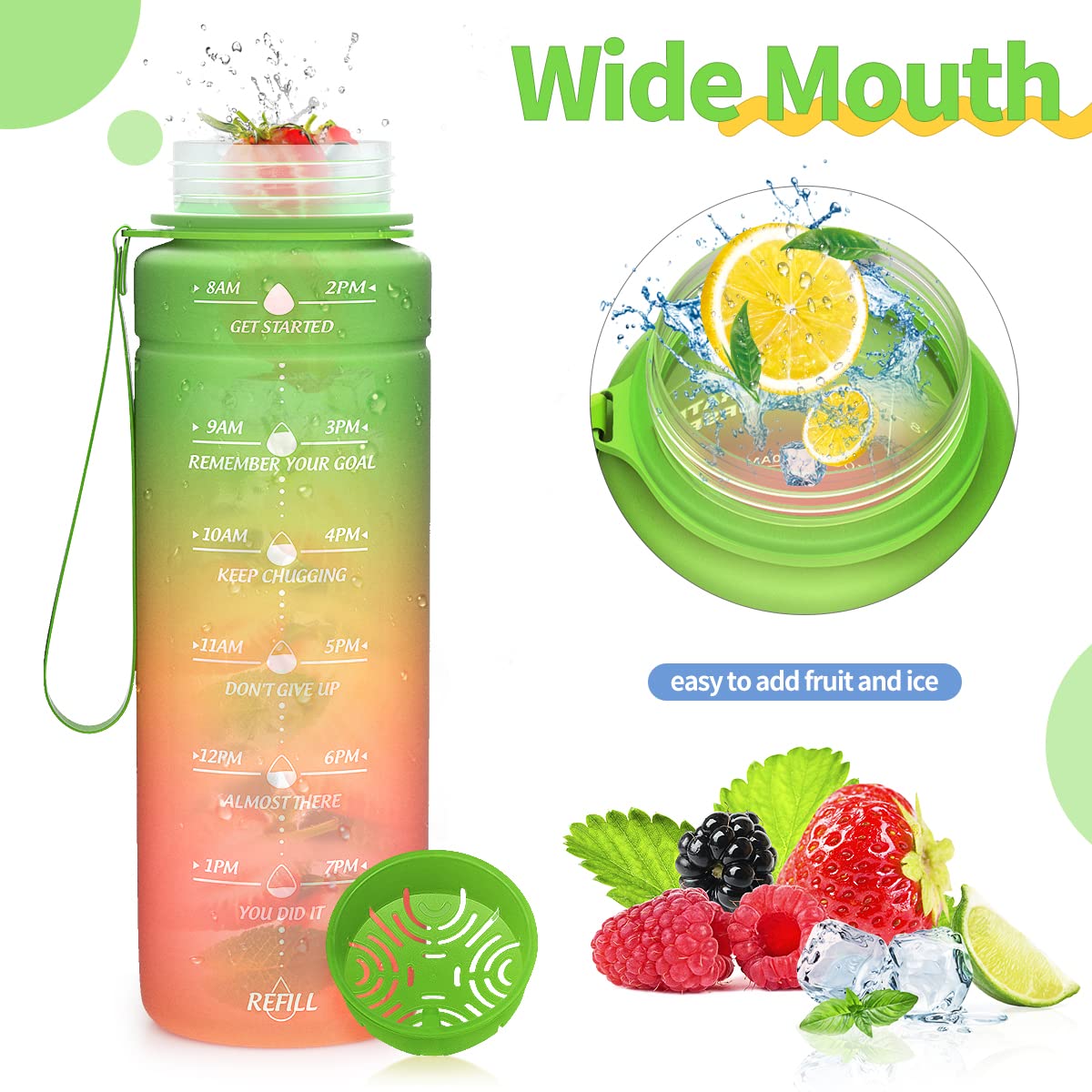 Motivazionale Borraccia 1l/1,5l,2l, Borraccia Bambini 500ml/700ml, Senza BPA Bottiglia con Filtro Frutta & Indicatore del Tempo per Sportiva, Scuola, Sport, Ciclismo