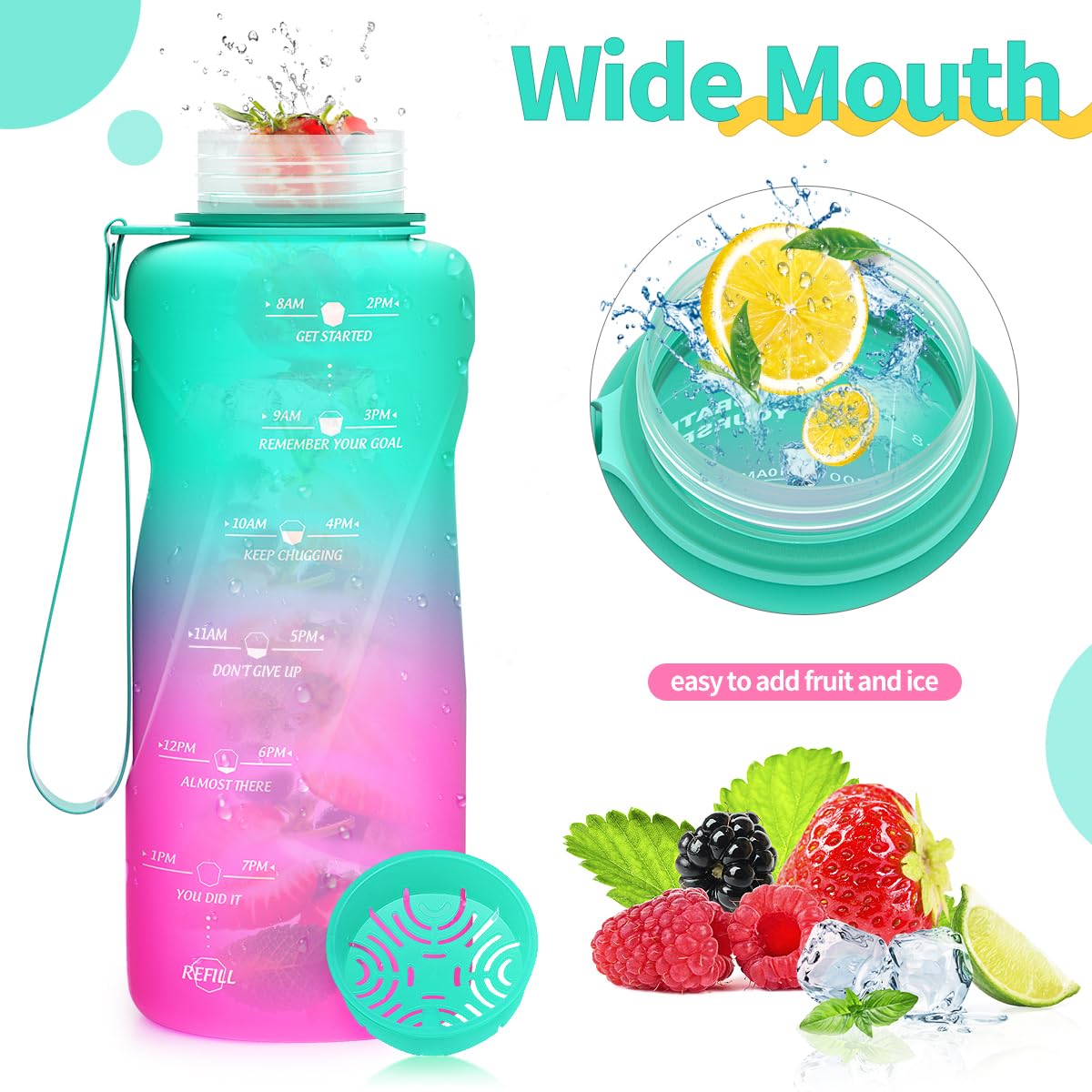 Motivazionale Borraccia 1l/1,5l,2l, Borraccia Bambini 500ml/700ml, Senza BPA Bottiglia con Filtro Frutta & Indicatore del Tempo per Sportiva, Scuola, Sport, Ciclismo