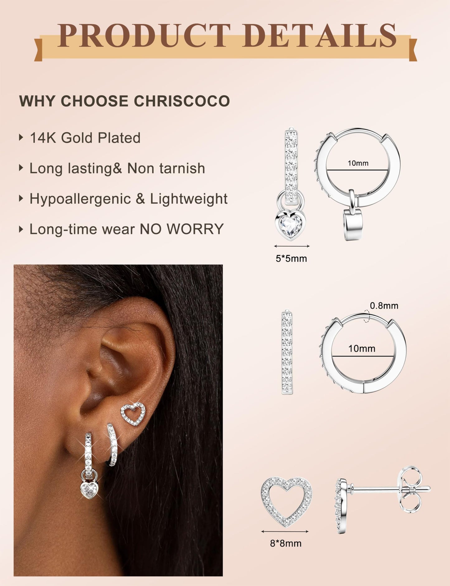 Chriscoco 3 Paia Orecchini Donna Oro Placcato 14K Acciaio Chirurgico Piccoli Orecchini Cerchio Argento Anallergici Set Piercing Orecchio