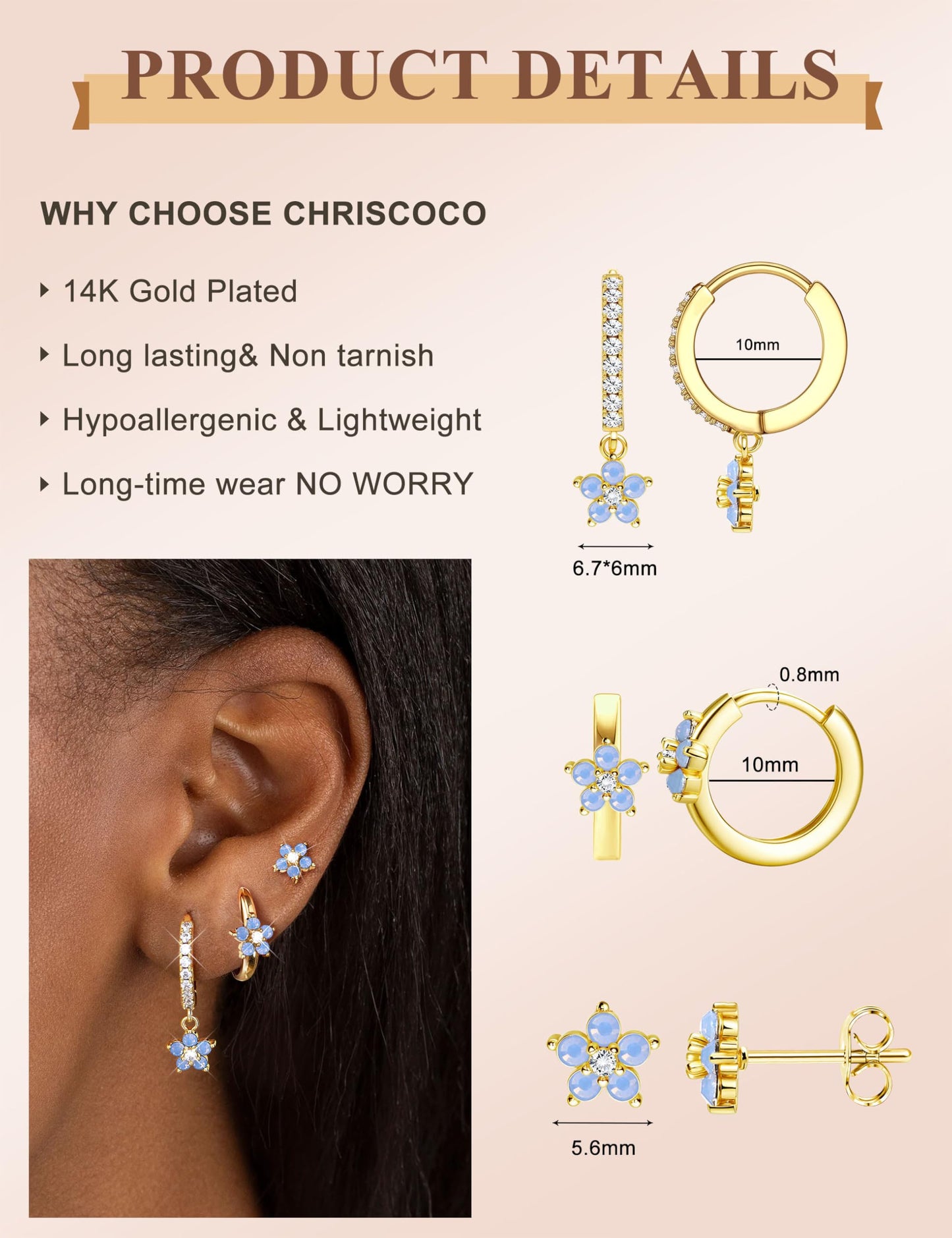 Chriscoco 3 Paia Orecchini Donna Oro Placcato 14K Acciaio Chirurgico Piccoli Orecchini Cerchio Argento Anallergici Set Piercing Orecchio