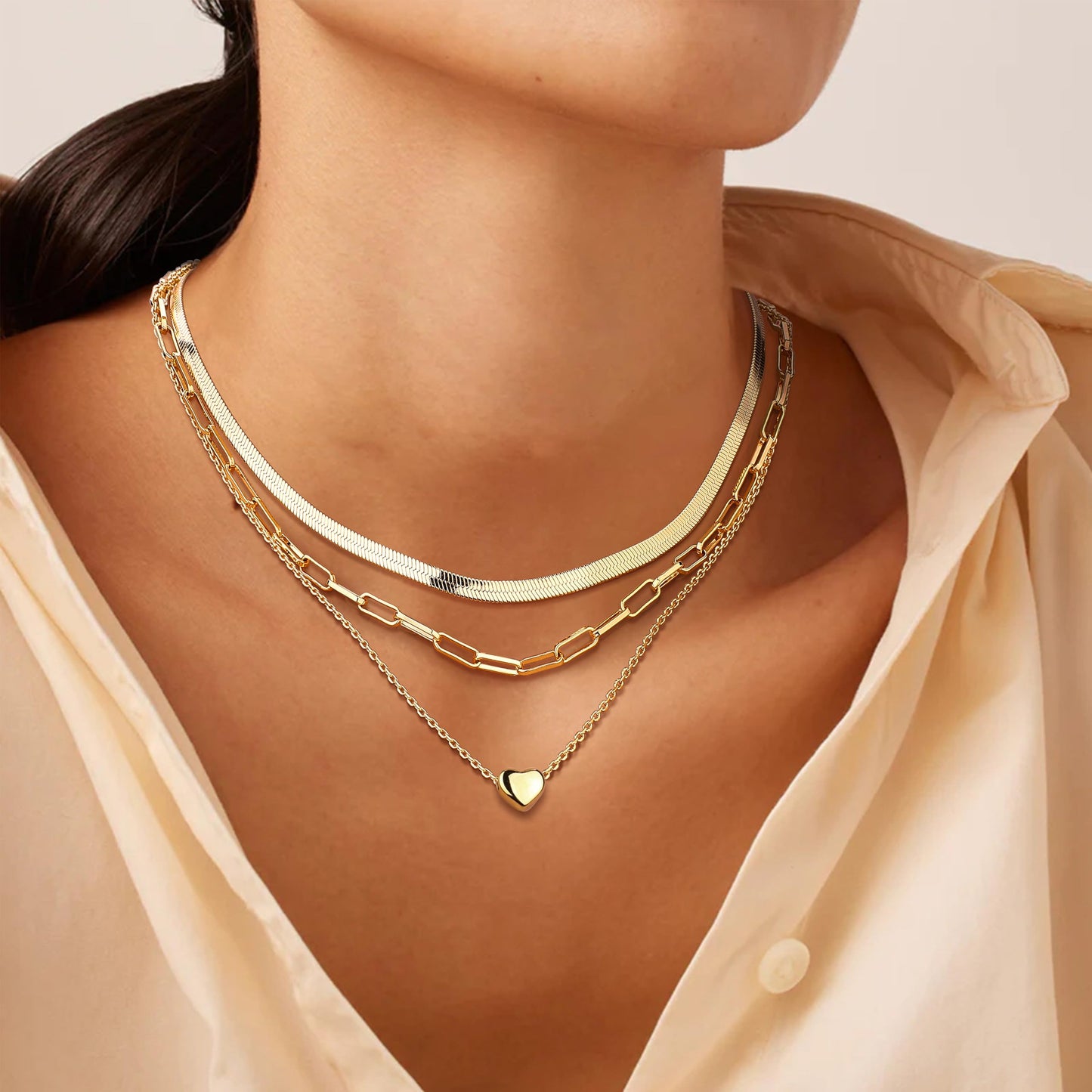ADRAMATA 3Pcs Collana Donna Acciaio Inossidabile Collana Placcato Oro 14K Impilabile Collana Girocollo Set Collana Pendenti Regolabili Collana Croce/Moneta/Cuore Catena Argento Collane Oro Donna