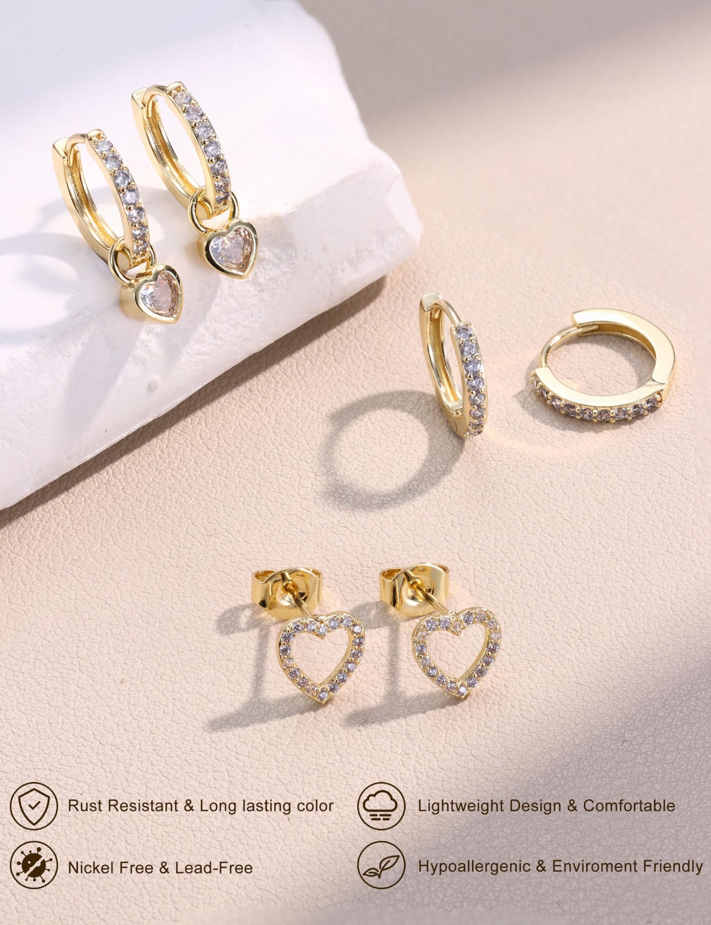 Chriscoco 3 Paia Orecchini Donna Oro Placcato 14K Acciaio Chirurgico Piccoli Orecchini Cerchio Argento Anallergici Set Piercing Orecchio