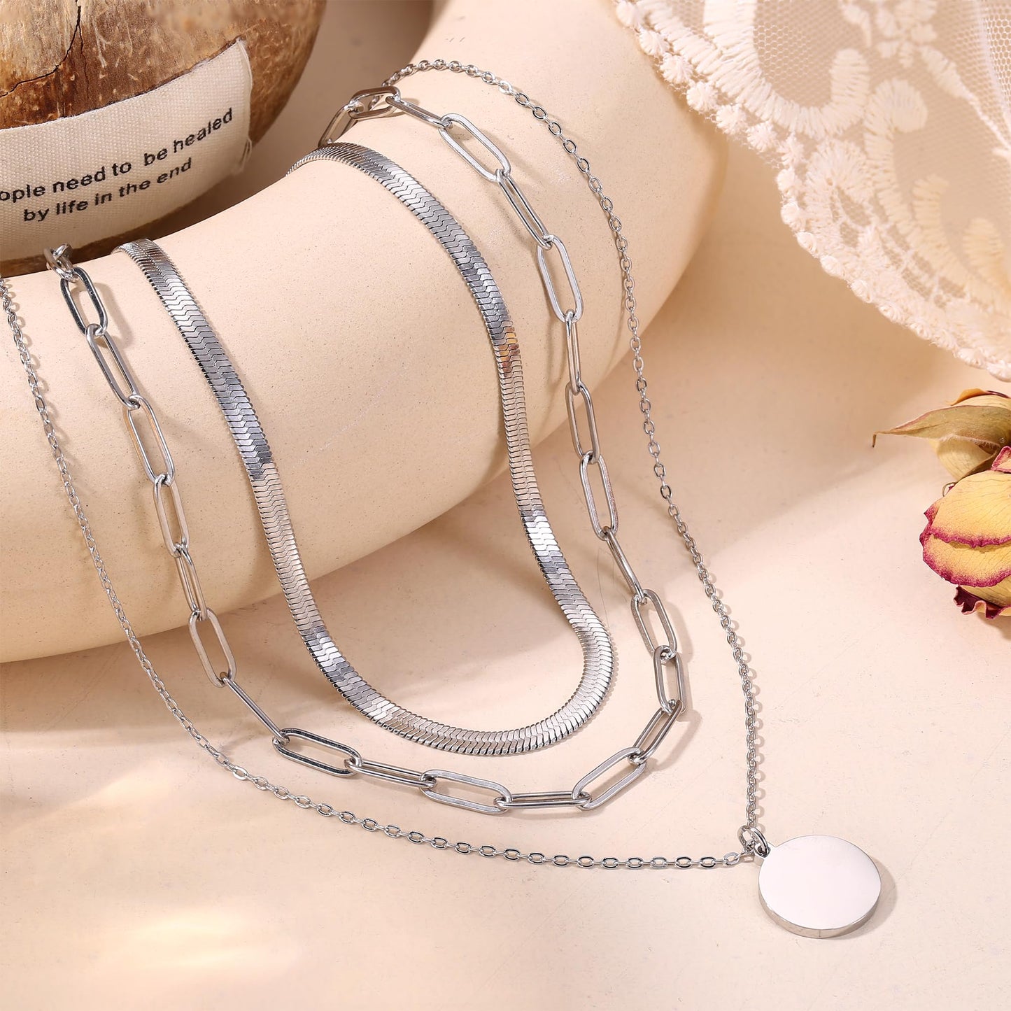 ADRAMATA 3Pcs Collana Donna Acciaio Inossidabile Collana Placcato Oro 14K Impilabile Collana Girocollo Set Collana Pendenti Regolabili Collana Croce/Moneta/Cuore Catena Argento Collane Oro Donna