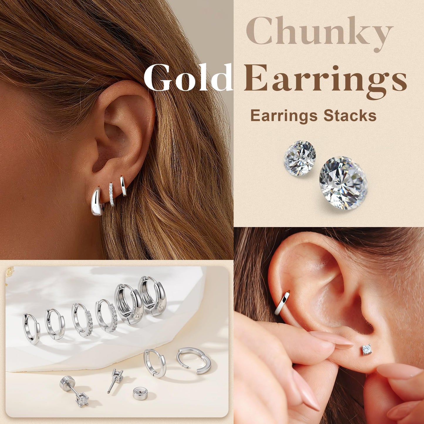 Turandoss 5 paia di orecchini a cerchio in argento e oro, da donna, ipoallergenici, in acciaio chirurgico 316L, con retro piatto, orecchini a perno per elice, trago, conchiglia, daith, cartilagine