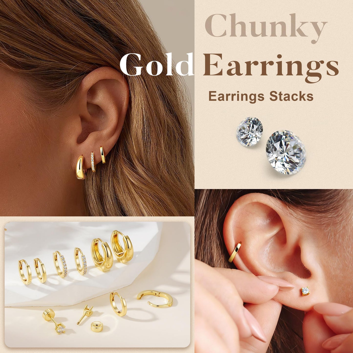 Turandoss 5 paia di orecchini a cerchio in argento e oro, da donna, ipoallergenici, in acciaio chirurgico 316L, con retro piatto, orecchini a perno per elice, trago, conchiglia, daith, cartilagine