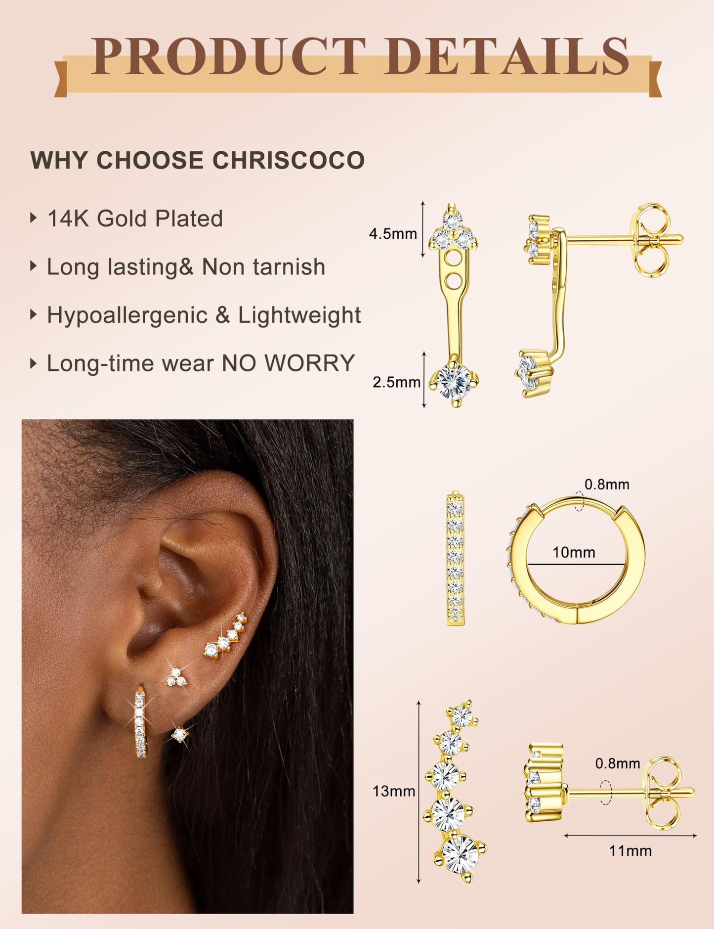 Chriscoco 3 Paia Orecchini Donna Oro Placcato 14K Acciaio Chirurgico Piccoli Orecchini Cerchio Argento Anallergici Set Piercing Orecchio