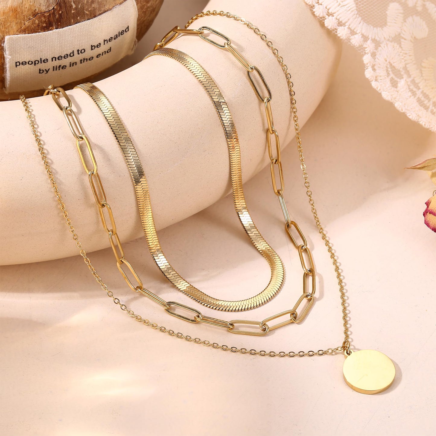 ADRAMATA 3Pcs Collana Donna Acciaio Inossidabile Collana Placcato Oro 14K Impilabile Collana Girocollo Set Collana Pendenti Regolabili Collana Croce/Moneta/Cuore Catena Argento Collane Oro Donna