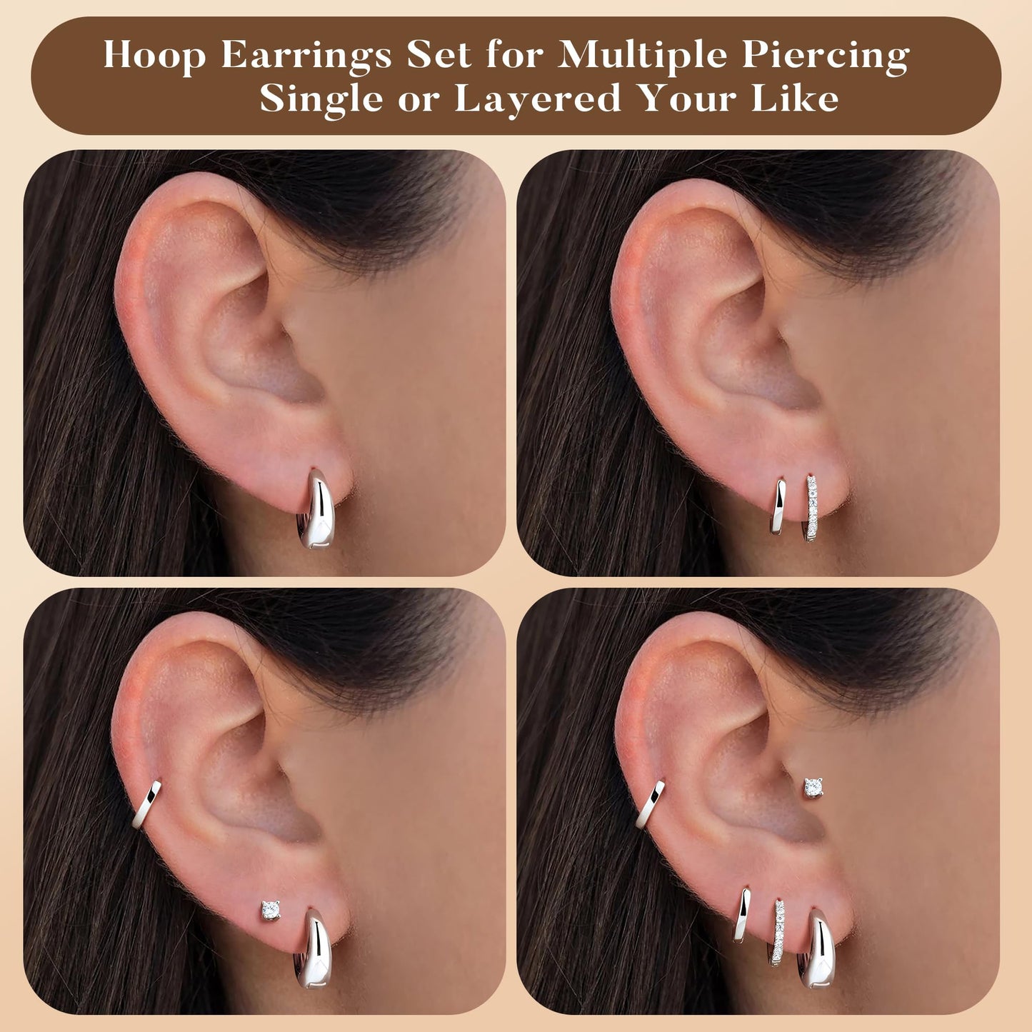 Turandoss 5 paia di orecchini a cerchio in argento e oro, da donna, ipoallergenici, in acciaio chirurgico 316L, con retro piatto, orecchini a perno per elice, trago, conchiglia, daith, cartilagine