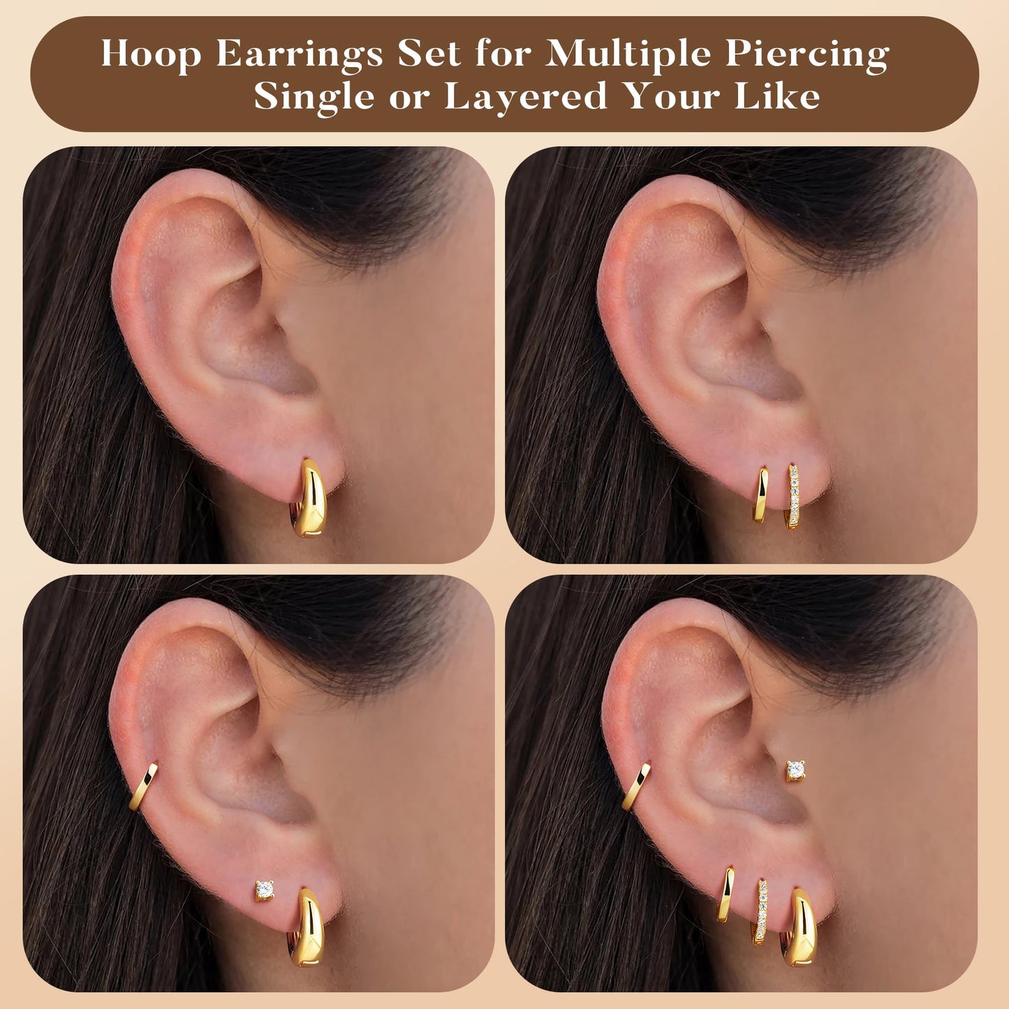 Turandoss 5 paia di orecchini a cerchio in argento e oro, da donna, ipoallergenici, in acciaio chirurgico 316L, con retro piatto, orecchini a perno per elice, trago, conchiglia, daith, cartilagine