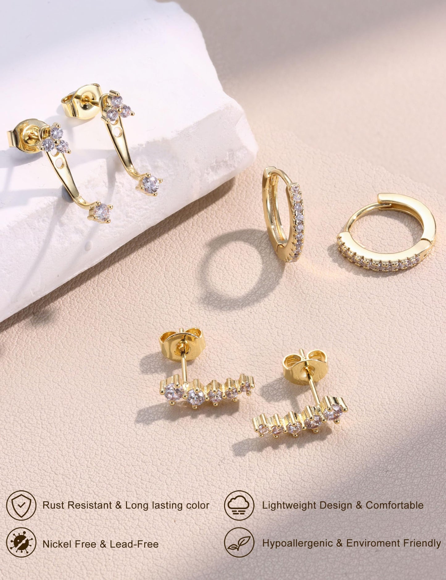 Chriscoco 3 Paia Orecchini Donna Oro Placcato 14K Acciaio Chirurgico Piccoli Orecchini Cerchio Argento Anallergici Set Piercing Orecchio