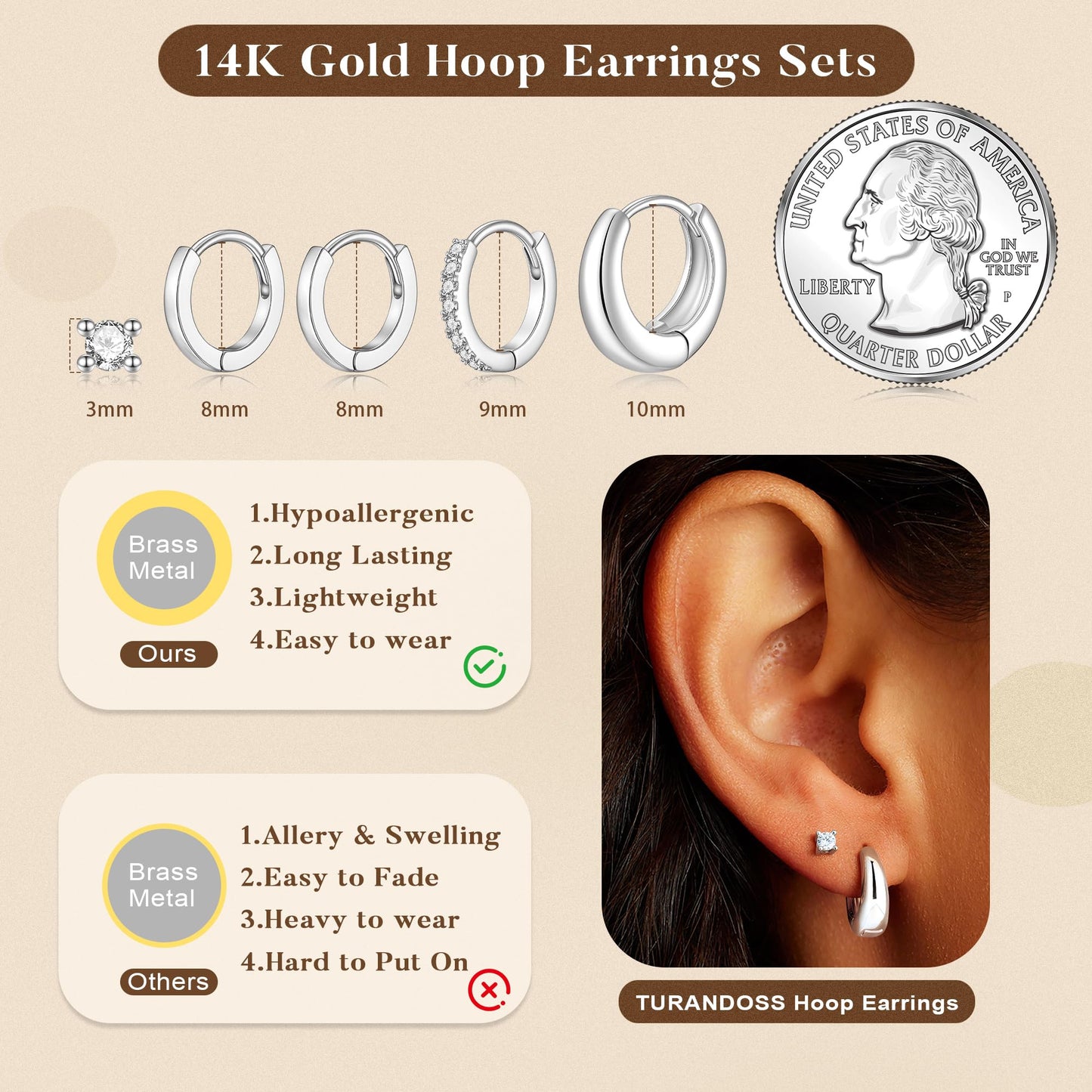 Turandoss 5 paia di orecchini a cerchio in argento e oro, da donna, ipoallergenici, in acciaio chirurgico 316L, con retro piatto, orecchini a perno per elice, trago, conchiglia, daith, cartilagine