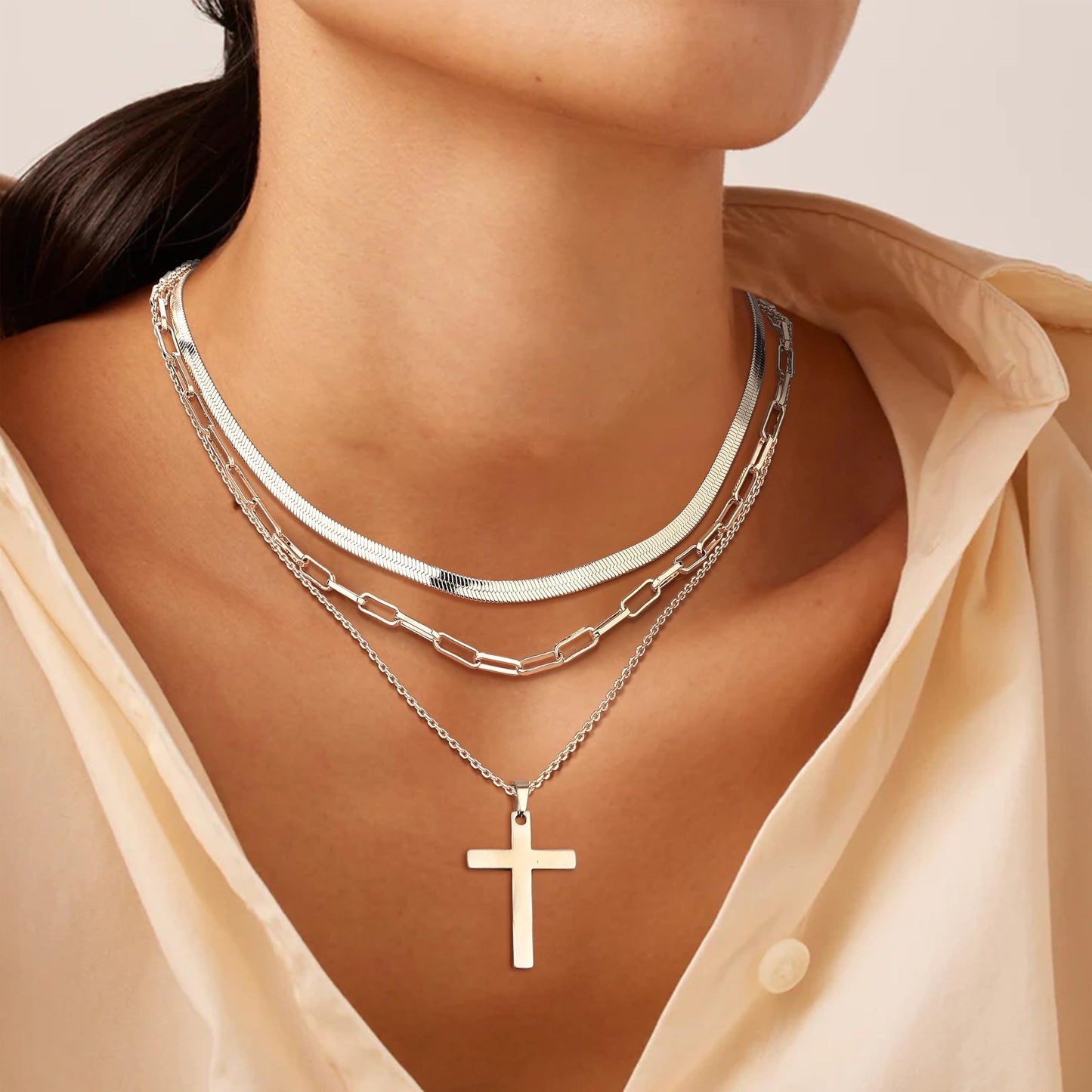 ADRAMATA 3Pcs Collana Donna Acciaio Inossidabile Collana Placcato Oro 14K Impilabile Collana Girocollo Set Collana Pendenti Regolabili Collana Croce/Moneta/Cuore Catena Argento Collane Oro Donna