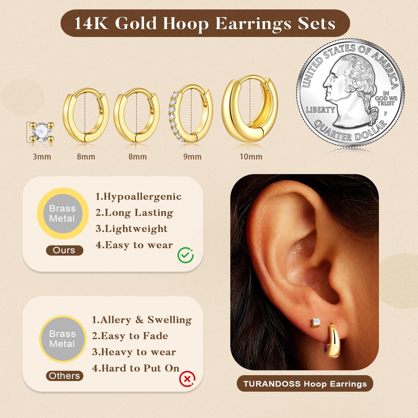 Turandoss 5 paia di orecchini a cerchio in argento e oro, da donna, ipoallergenici, in acciaio chirurgico 316L, con retro piatto, orecchini a perno per elice, trago, conchiglia, daith, cartilagine