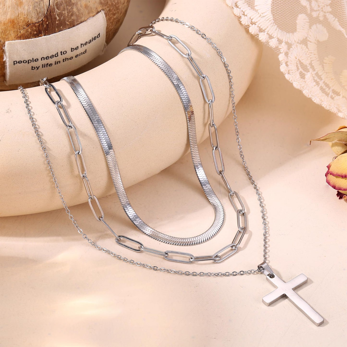 ADRAMATA 3Pcs Collana Donna Acciaio Inossidabile Collana Placcato Oro 14K Impilabile Collana Girocollo Set Collana Pendenti Regolabili Collana Croce/Moneta/Cuore Catena Argento Collane Oro Donna