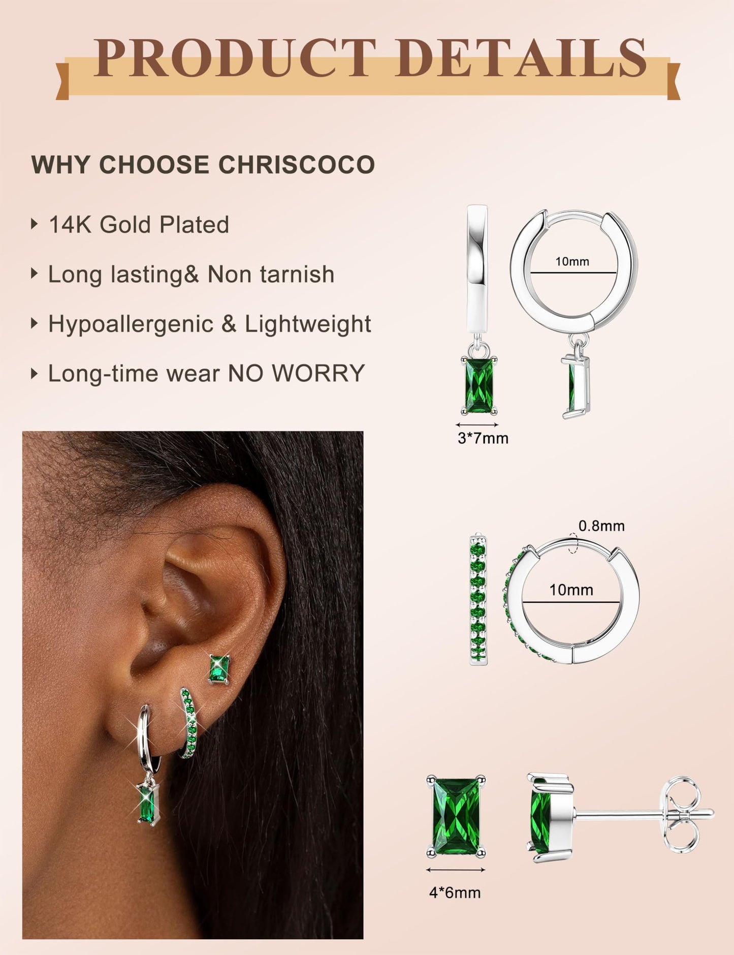 Chriscoco 3 Paia Orecchini Donna Oro Placcato 14K Acciaio Chirurgico Piccoli Orecchini Cerchio Argento Anallergici Set Piercing Orecchio