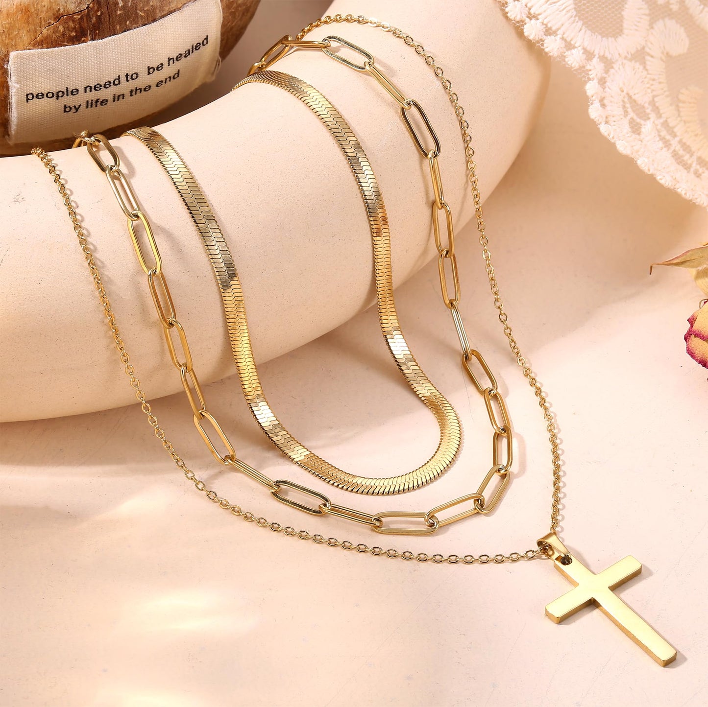 ADRAMATA 3Pcs Collana Donna Acciaio Inossidabile Collana Placcato Oro 14K Impilabile Collana Girocollo Set Collana Pendenti Regolabili Collana Croce/Moneta/Cuore Catena Argento Collane Oro Donna