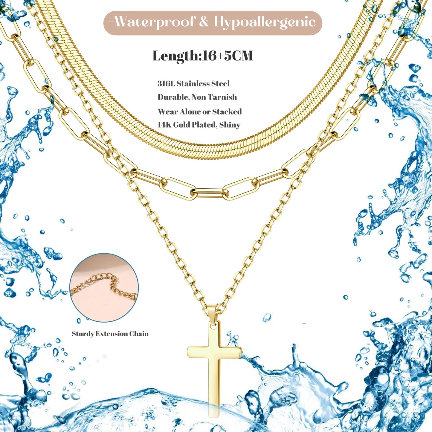 ADRAMATA 3Pcs Collana Donna Acciaio Inossidabile Collana Placcato Oro 14K Impilabile Collana Girocollo Set Collana Pendenti Regolabili Collana Croce/Moneta/Cuore Catena Argento Collane Oro Donna