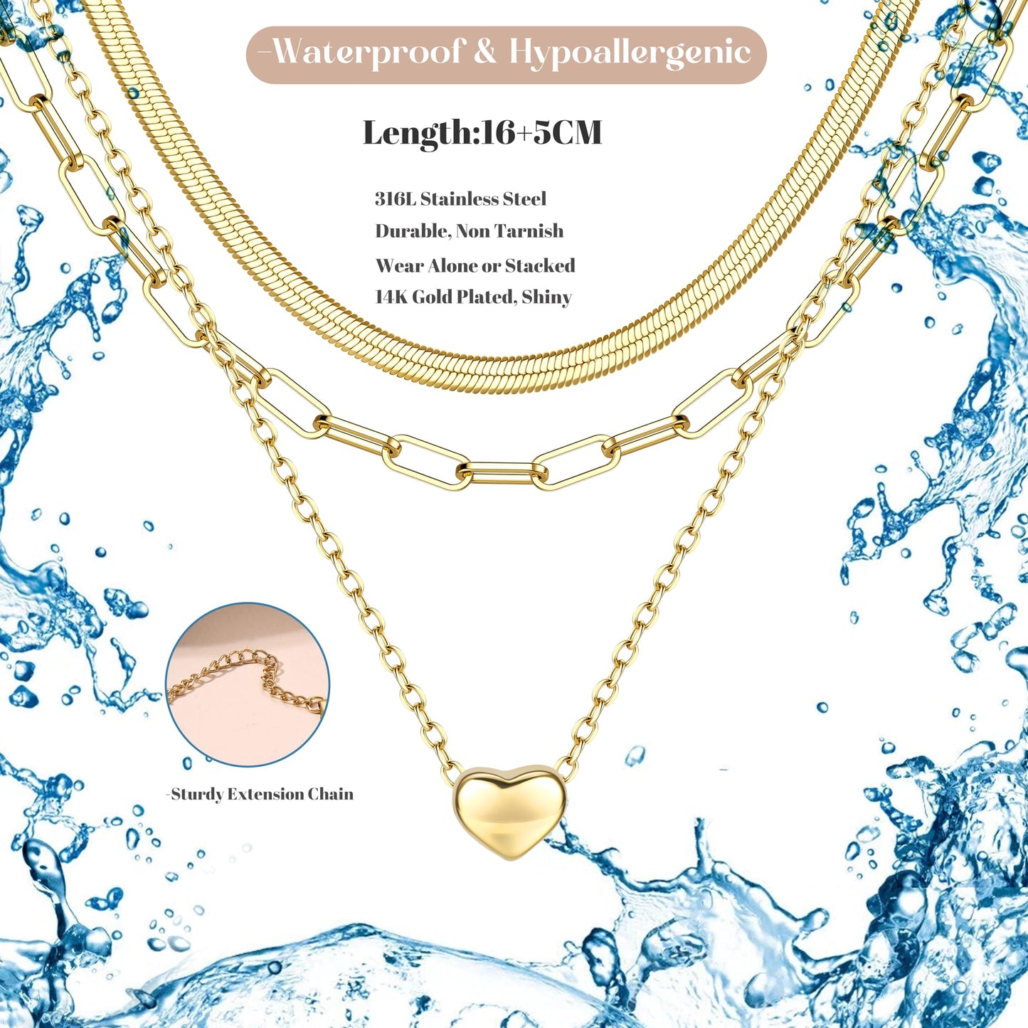 ADRAMATA 3Pcs Collana Donna Acciaio Inossidabile Collana Placcato Oro 14K Impilabile Collana Girocollo Set Collana Pendenti Regolabili Collana Croce/Moneta/Cuore Catena Argento Collane Oro Donna